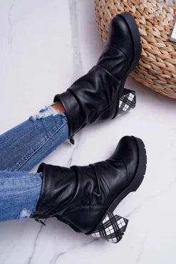 New Botki Damskie Skórzane Czarne 04216-01 Damskie Botki Maciejka|Botki Na Słupku