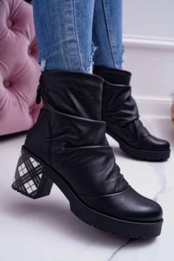 New Botki Damskie Skórzane Czarne 04216-01 Damskie Botki Maciejka|Botki Na Słupku