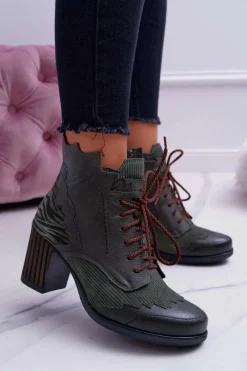 Outlet Maciejka Botki Damskie Skórzane Zielone 03190-09