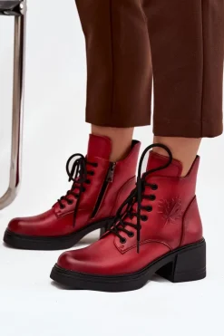 Online Botki Damskie Skórzane Na Klocku Ocieplane Vinceza 39950 Czerwone Damskie Botki Ocieplane|Botki Sznurowane