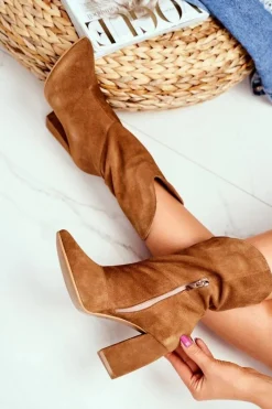 Clearance Laura Messi Botki Damskie Skórzane na Obcasie Camel 2123