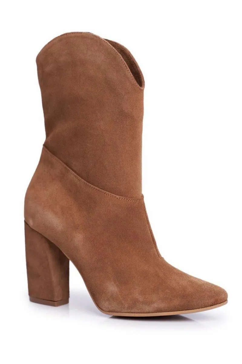 Clearance Laura Messi Botki Damskie Skórzane na Obcasie Camel 2123