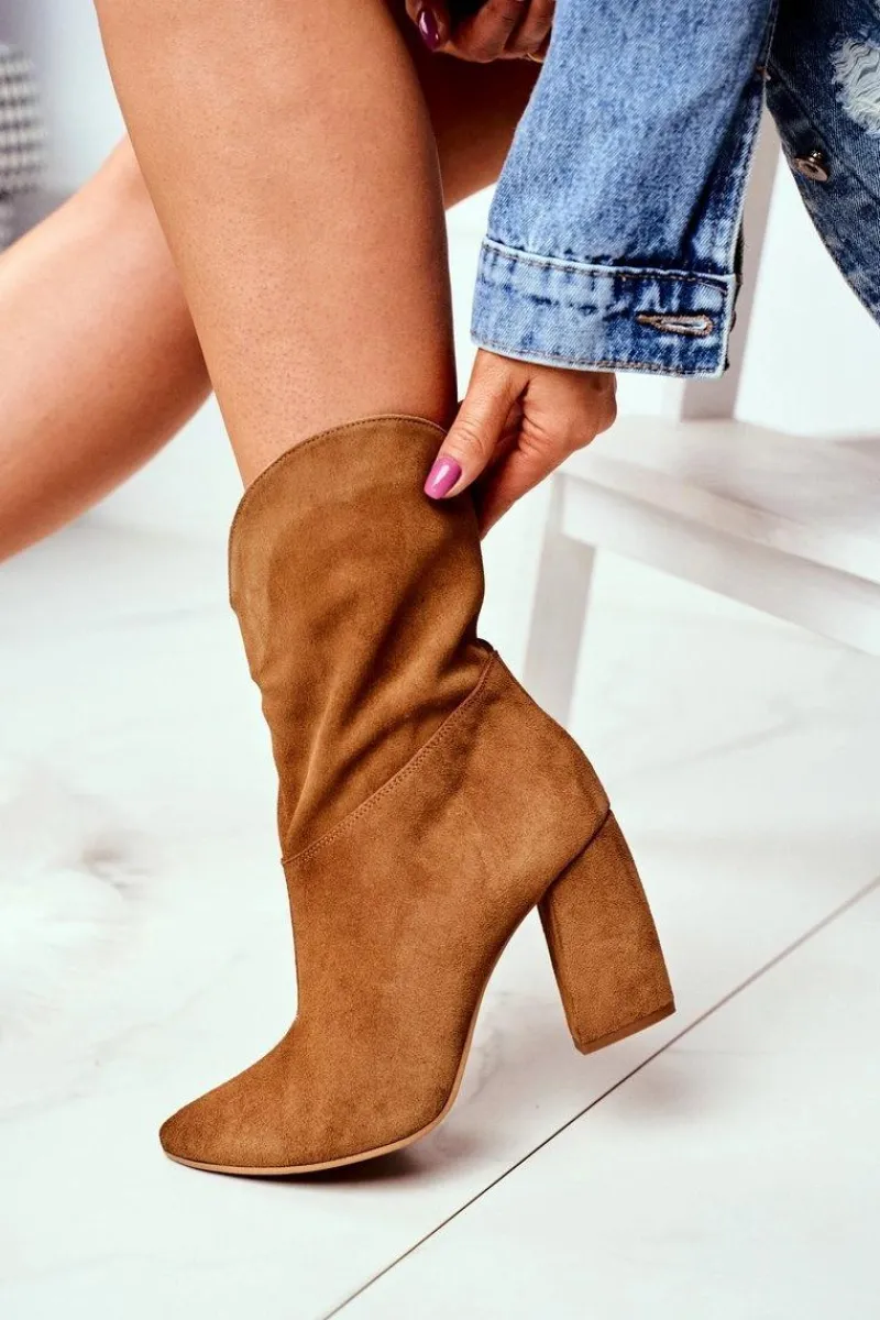 Clearance Laura Messi Botki Damskie Skórzane na Obcasie Camel 2123