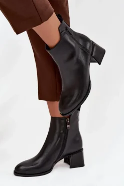 Sale Boto Botki Damskie Skórzane Na Obcasie Ocieplane Czarne Nolivra