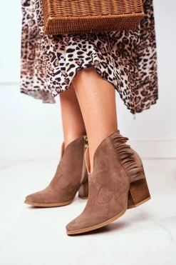 Botki Wiosenne|Botki Na Słupku>Laura Messi Botki Damskie Skórzane na Obcasie Khaki 2133