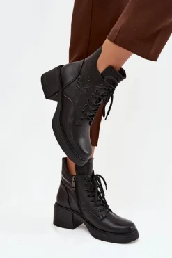 Hot Botki Damskie Skórzane Na Klocku Ocieplane Vinceza 39950 Czarne Damskie Botki Ocieplane|Botki Sznurowane