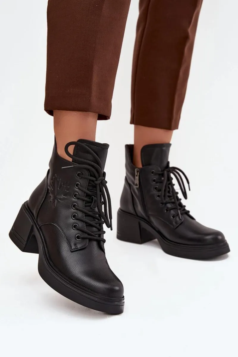 Hot Botki Damskie Skórzane Na Klocku Ocieplane Vinceza 39950 Czarne Damskie Botki Ocieplane|Botki Sznurowane