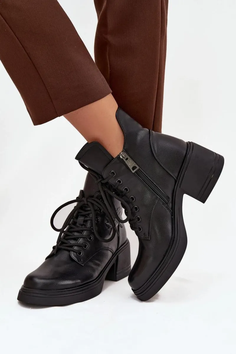 Hot Botki Damskie Skórzane Na Klocku Ocieplane Vinceza 39950 Czarne Damskie Botki Ocieplane|Botki Sznurowane