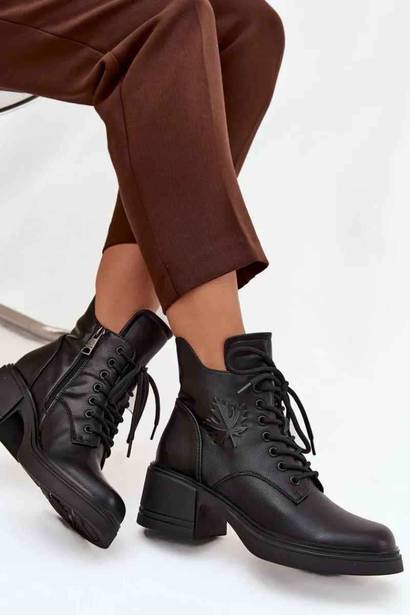 Hot Botki Damskie Skórzane Na Klocku Ocieplane Vinceza 39950 Czarne Damskie Botki Ocieplane|Botki Sznurowane