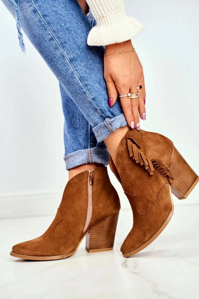 Sale Botki Damskie Skórzane na Obcasie Camel 2133 Damskie Botki Wiosenne|Botki Na Słupku