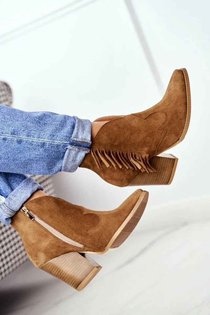 Sale Botki Damskie Skórzane na Obcasie Camel 2133 Damskie Botki Wiosenne|Botki Na Słupku