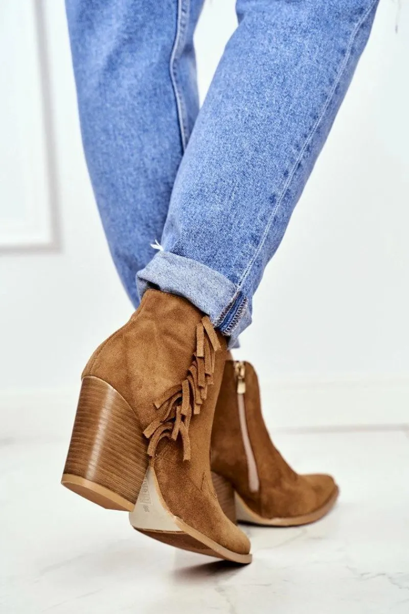 Sale Botki Damskie Skórzane na Obcasie Camel 2133 Damskie Botki Wiosenne|Botki Na Słupku