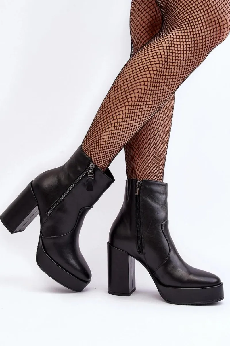 Sale Botki Damskie Skórzane Na Słupku I Platformiei 2690 Czarne Damskie Botki Ocieplane|Botki Skórzane