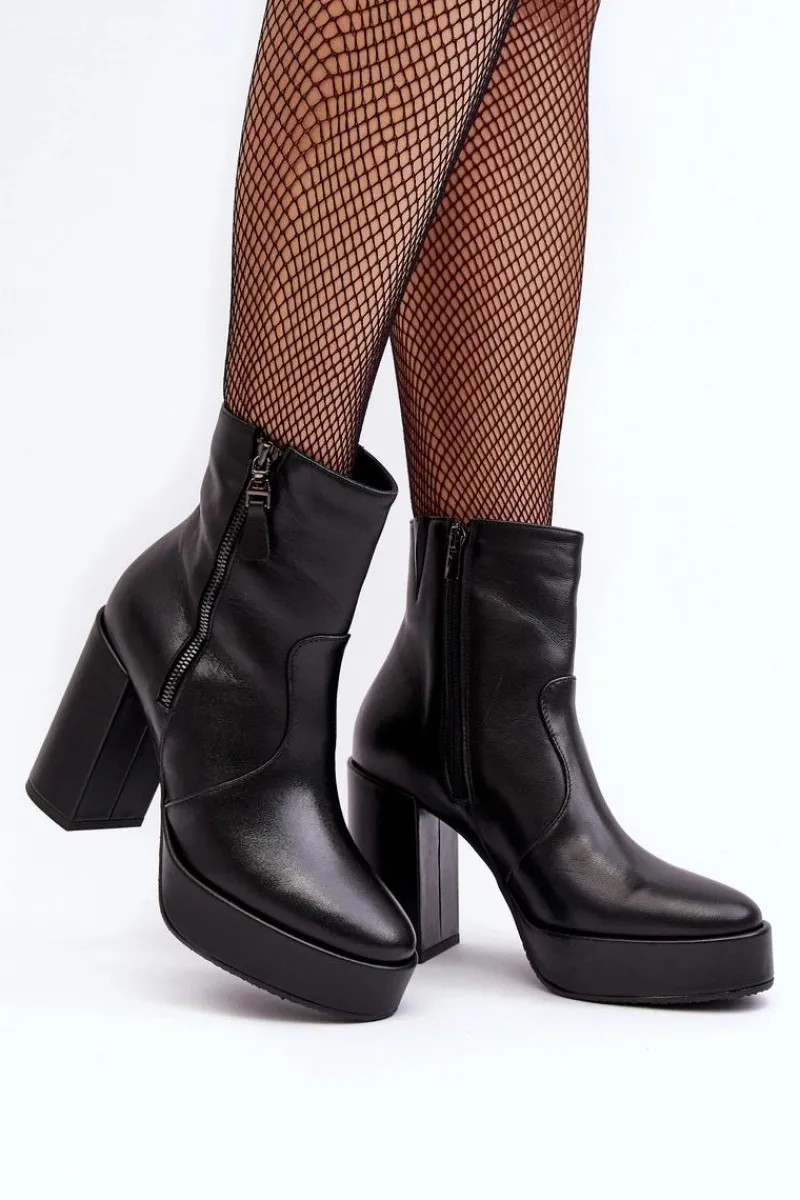 Sale Botki Damskie Skórzane Na Słupku I Platformiei 2690 Czarne Damskie Botki Ocieplane|Botki Skórzane