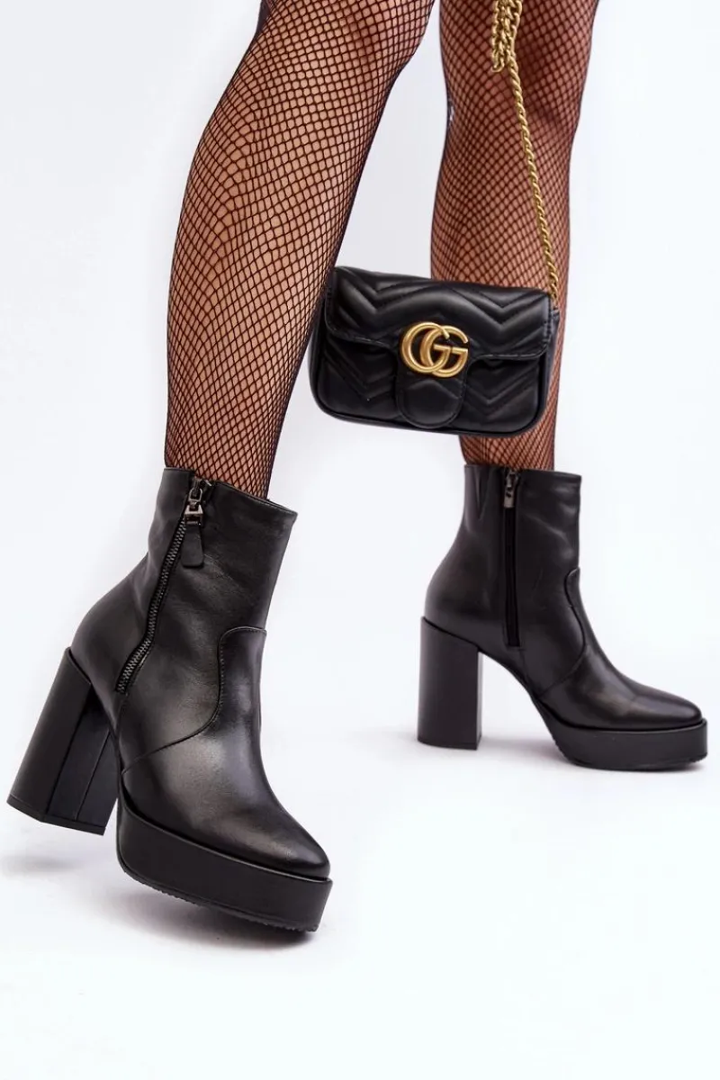 Sale Botki Damskie Skórzane Na Słupku I Platformiei 2690 Czarne Damskie Botki Ocieplane|Botki Skórzane