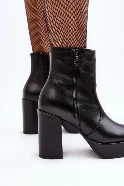 Sale Botki Damskie Skórzane Na Słupku I Platformiei 2690 Czarne Damskie Botki Ocieplane|Botki Skórzane