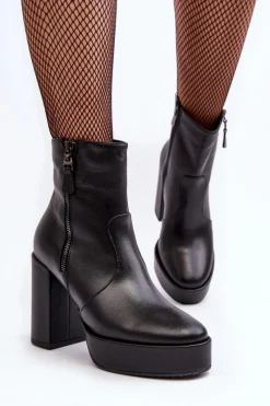 Sale Botki Damskie Skórzane Na Słupku I Platformiei 2690 Czarne Damskie Botki Ocieplane|Botki Skórzane