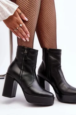 Sale Botki Damskie Skórzane Na Słupku I Platformiei 2690 Czarne Damskie Botki Ocieplane|Botki Skórzane
