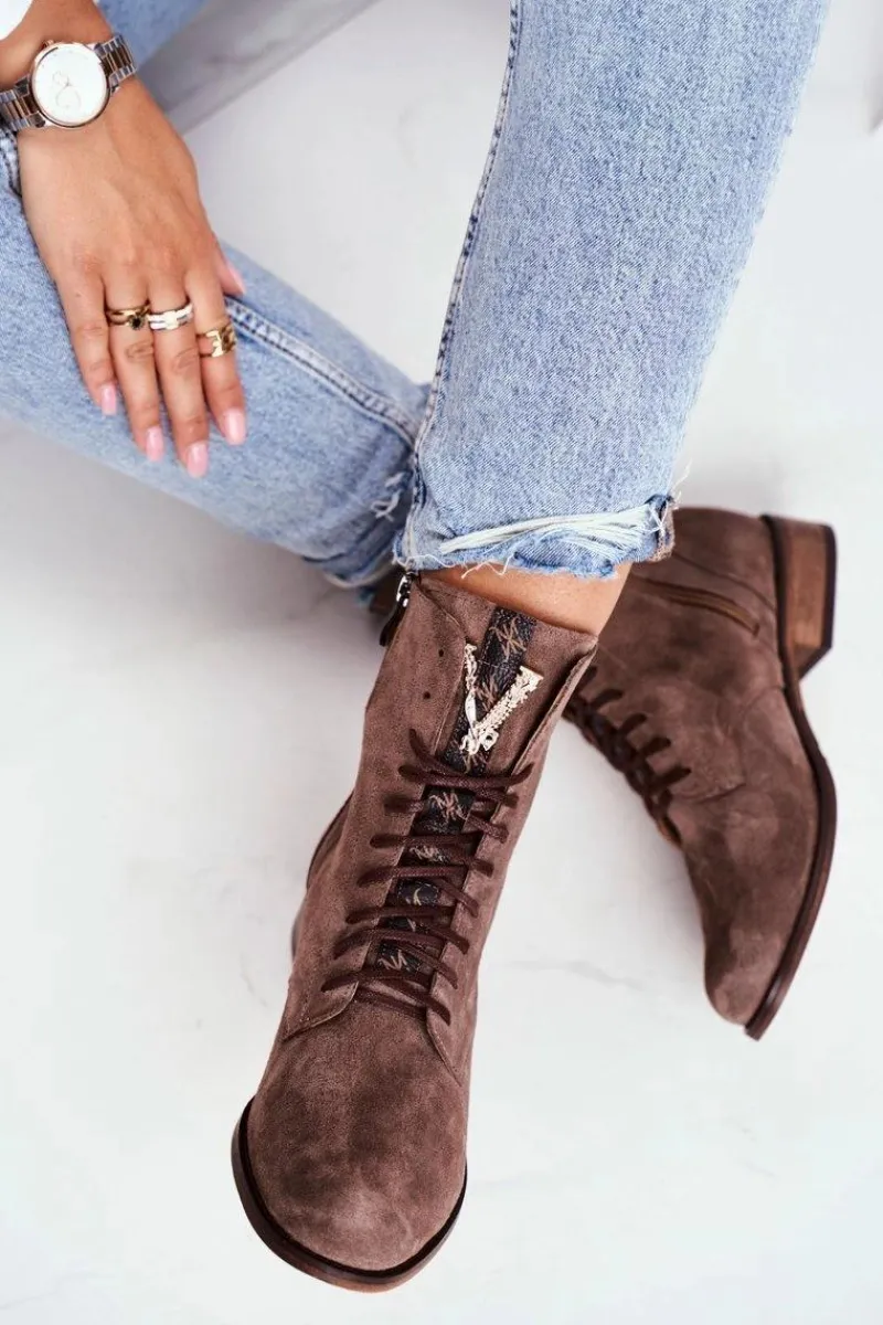 Online Botki Damskie Skórzane Nubuk Cappuccino Nicole 2593 Damskie Botki Sznurowane|Botki Zimowe Damskie