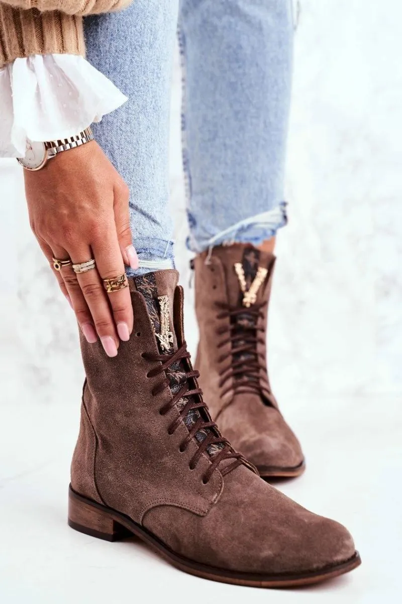 Online Botki Damskie Skórzane Nubuk Cappuccino Nicole 2593 Damskie Botki Sznurowane|Botki Zimowe Damskie