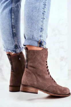 Online Botki Damskie Skórzane Nubuk Cappuccino Nicole 2593 Damskie Botki Sznurowane|Botki Zimowe Damskie