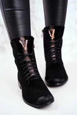 Hot Boto Botki Damskie Skórzane Nubuk Czarne Nicole 2593