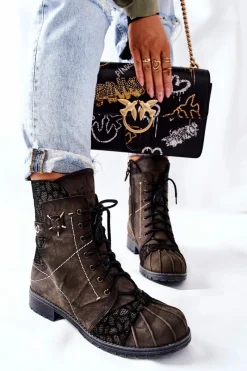 Best Botki Damskie Skórzane Ocieplane Oliwkowe 03961-24 Damskie Botki Maciejka|Botki Sznurowane