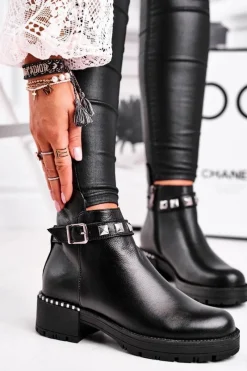 Outlet Botki Damskie Skórzane Ocieplane Czarne 2055 Damskie Czarne Botki|Botki Zimowe Damskie