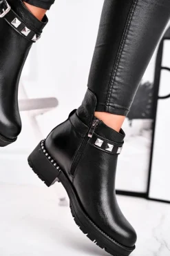 Outlet Botki Damskie Skórzane Ocieplane Czarne 2055 Damskie Czarne Botki|Botki Zimowe Damskie