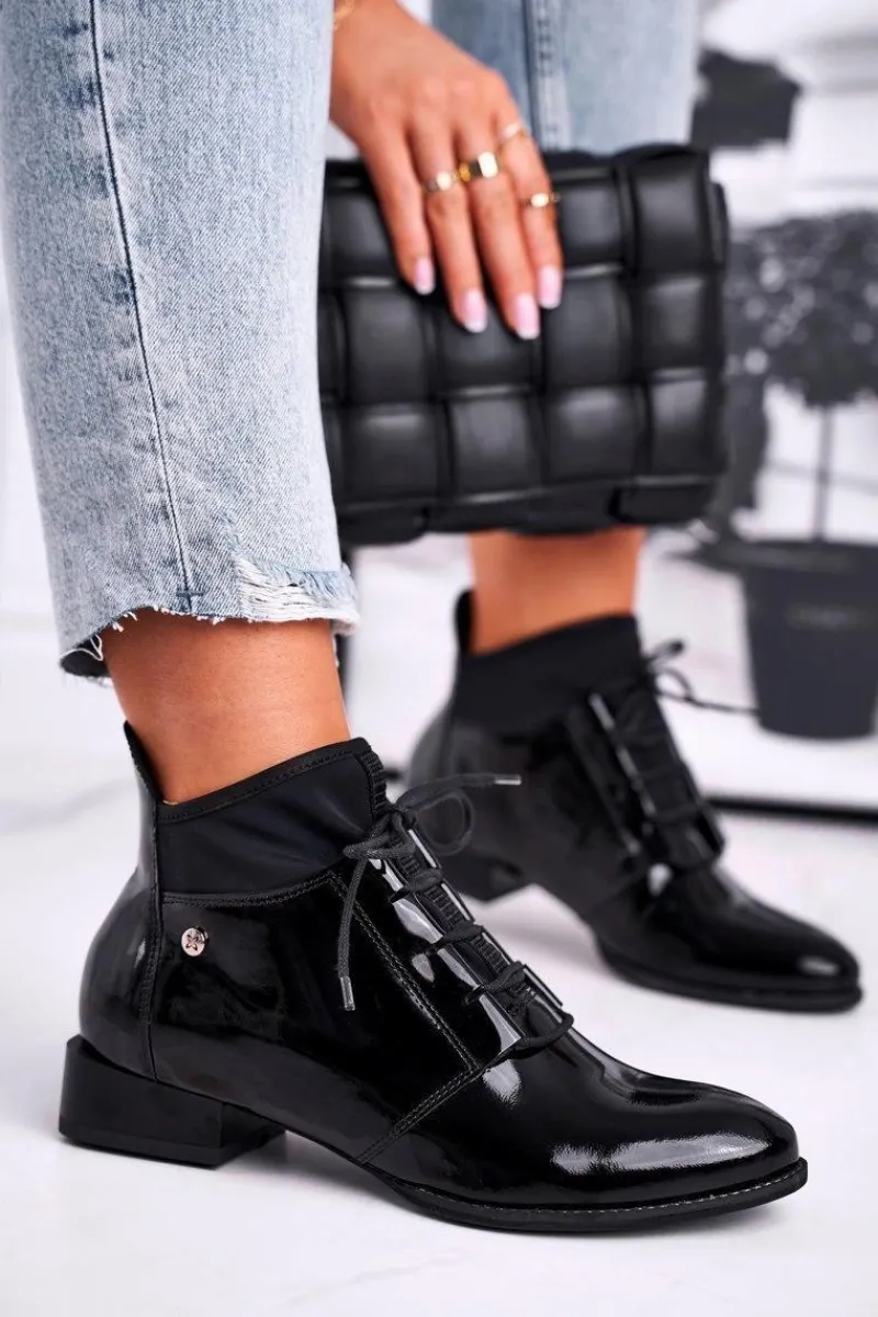 Botki Maciejka|Botki Sznurowane>Maciejka Botki Damskie Skórzane Trzewiki Czarne 04744-01