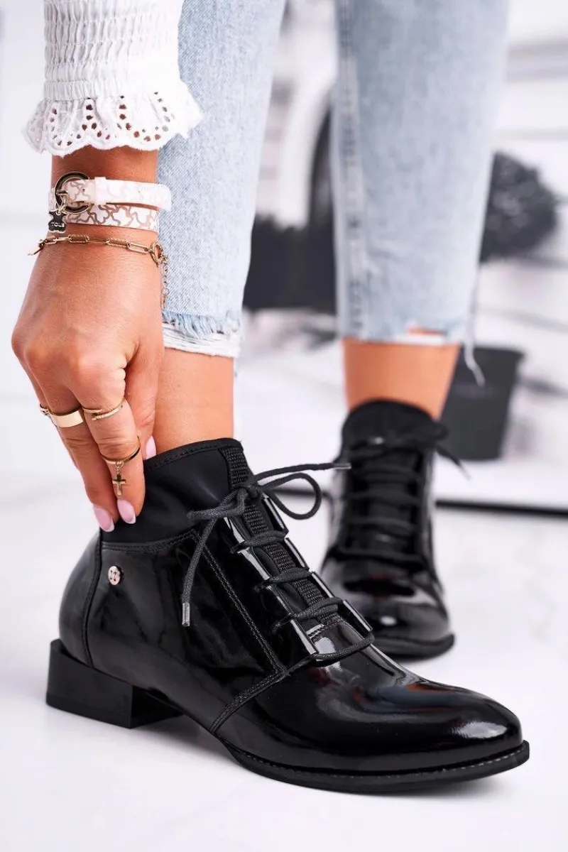 Botki Maciejka|Botki Sznurowane>Maciejka Botki Damskie Skórzane Trzewiki Czarne 04744-01