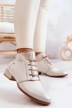 Outlet Maciejka Botki Damskie Skórzane Trzewiki Jasnobeżowe 04744-22