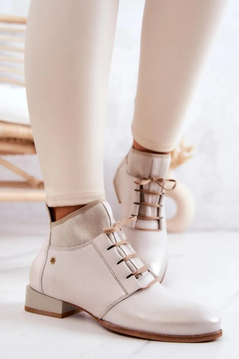 Outlet Maciejka Botki Damskie Skórzane Trzewiki Jasnobeżowe 04744-22