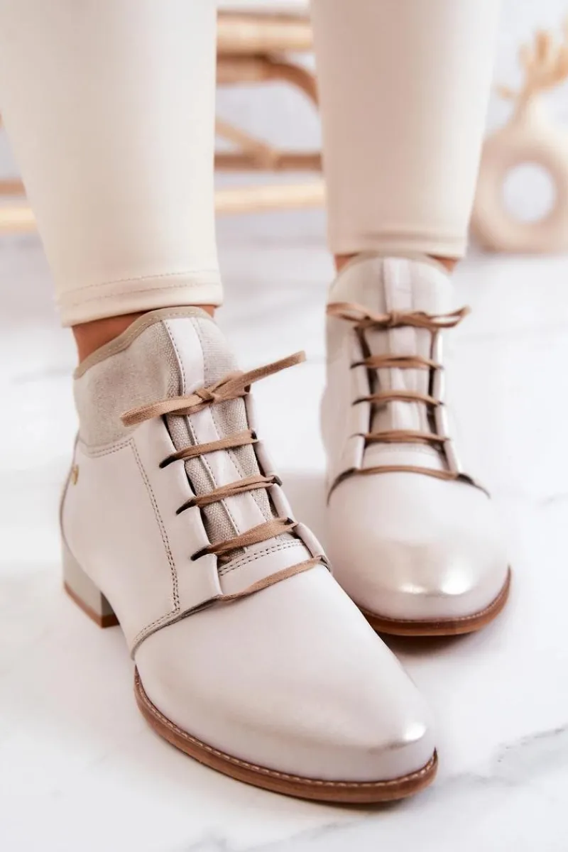 Outlet Maciejka Botki Damskie Skórzane Trzewiki Jasnobeżowe 04744-22