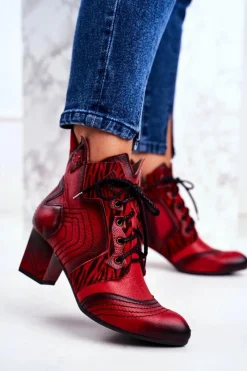 Botki Maciejka|Botki Sznurowane>Maciejka Botki Damskie Skórzane Trzewiki Czerwone 03194