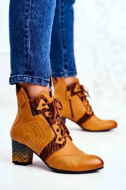 Clearance Maciejka Botki Damskie Skórzane Trzewiki Żółte 03194