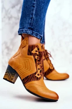 Clearance Maciejka Botki Damskie Skórzane Trzewiki Żółte 03194