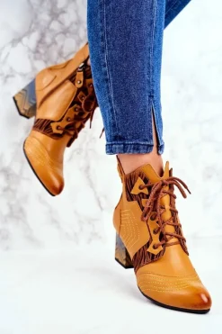 Clearance Maciejka Botki Damskie Skórzane Trzewiki Żółte 03194