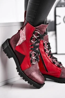 Botki Maciejka|Botki Sznurowane>Maciejka Botki Damskie Skórzane Trzewiki Bordowe 04184-23/00-3