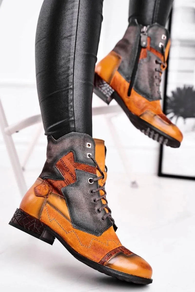 Maciejka Botki Damskie Skórzane Trzewiki Ocieplane Żółte 04625-07