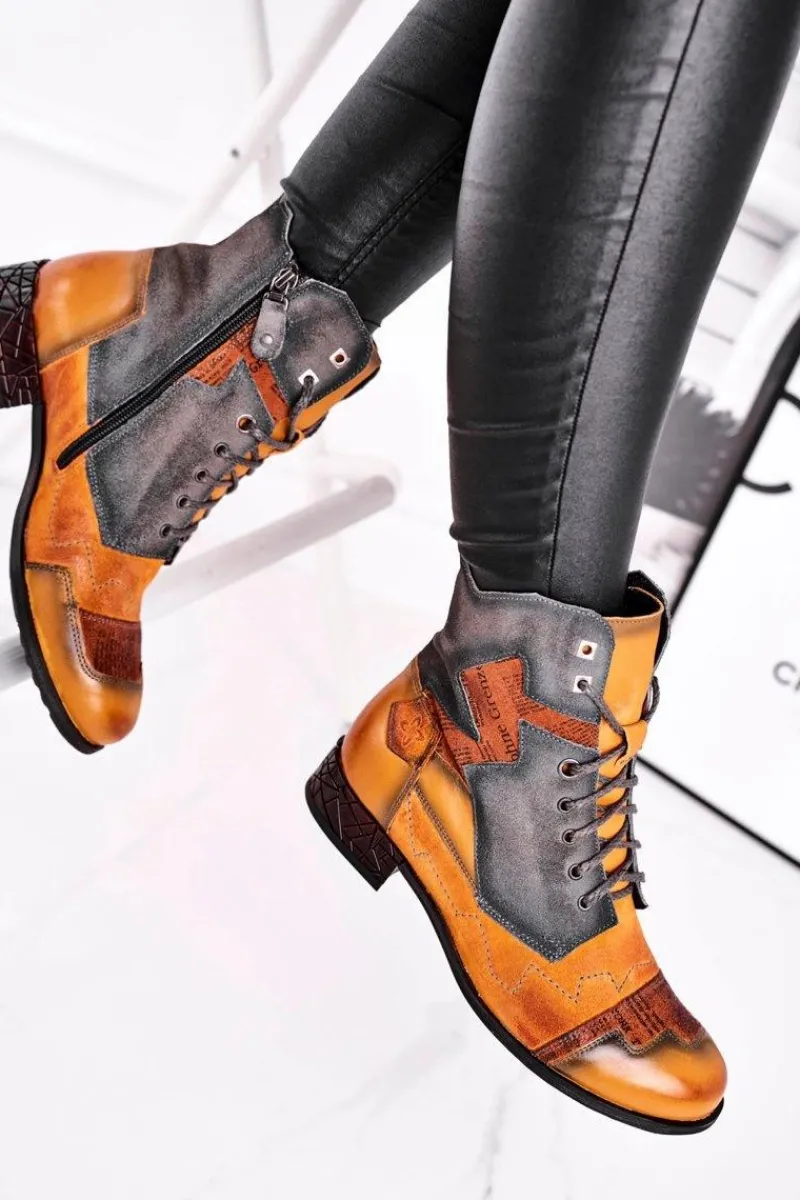 Maciejka Botki Damskie Skórzane Trzewiki Ocieplane Żółte 04625-07