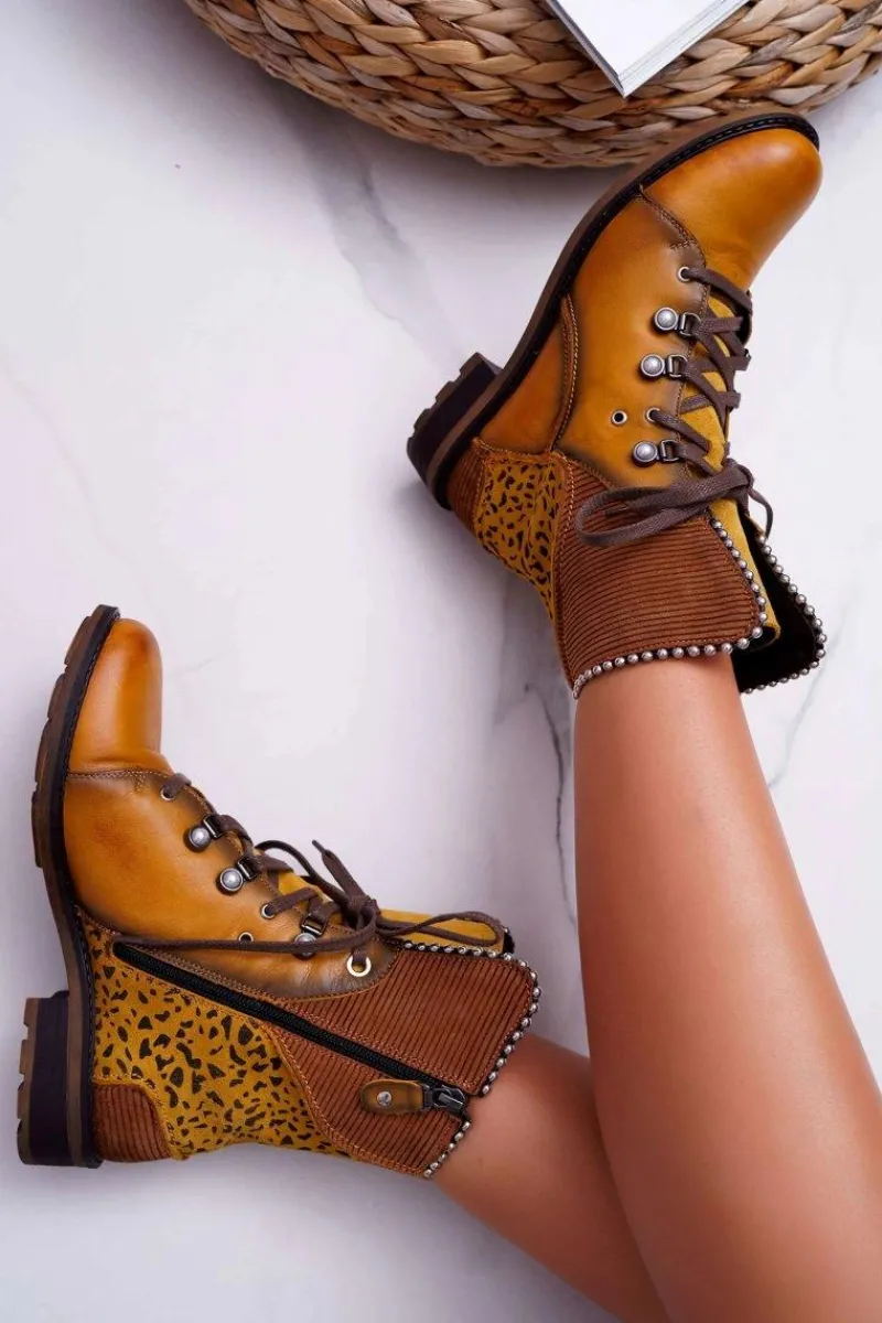 Outlet Botki Damskie Skórzane Trzewiki Żółte 3623A-07 Damskie Botki Maciejka|Botki Sznurowane