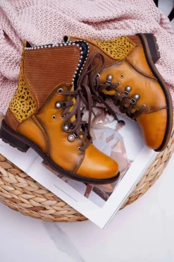 Outlet Botki Damskie Skórzane Trzewiki Żółte 3623A-07 Damskie Botki Maciejka|Botki Sznurowane