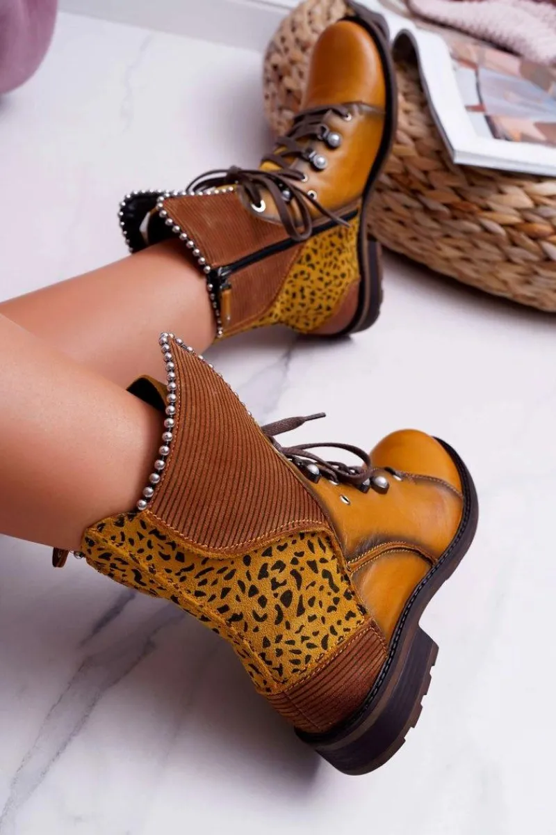 Outlet Botki Damskie Skórzane Trzewiki Żółte 3623A-07 Damskie Botki Maciejka|Botki Sznurowane