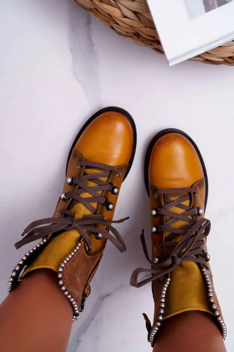 Outlet Botki Damskie Skórzane Trzewiki Żółte 3623A-07 Damskie Botki Maciejka|Botki Sznurowane