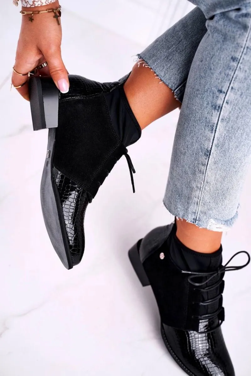 Outlet Botki Damskie Skórzane Trzewiki Czarne 04744-20 Damskie Botki Maciejka|Botki Sznurowane