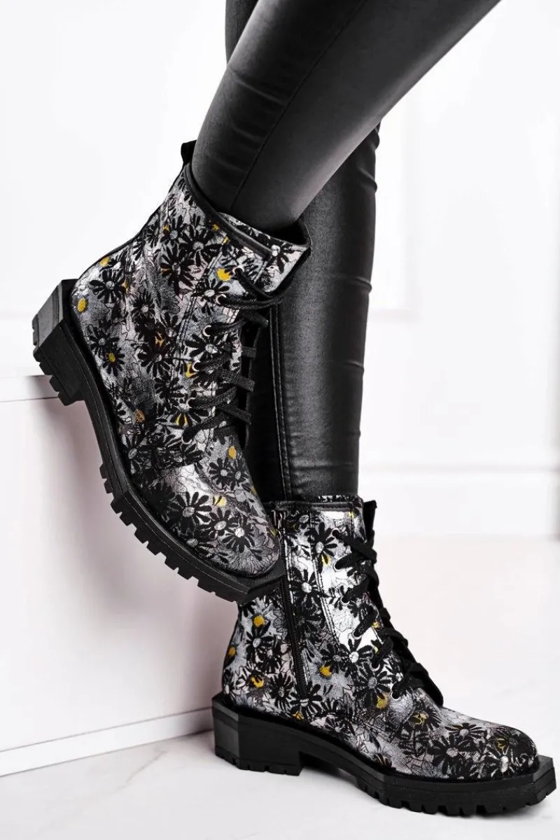 Best Botki Damskie Skórzane Trzewiki Kwiaty 04869-38 Damskie Botki Maciejka|Botki Sznurowane