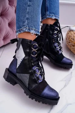 Botki Damskie Skórzane Trzewiki Granatowe 04184-17/00-3 Damskie Botki Maciejka|Botki Sznurowane