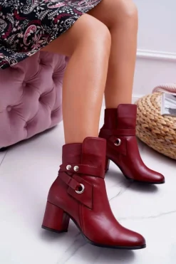 Discount Laura Messi Botki Damskie Skórzane Wsuwane Bordowe 1820