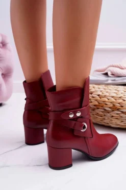 Discount Laura Messi Botki Damskie Skórzane Wsuwane Bordowe 1820